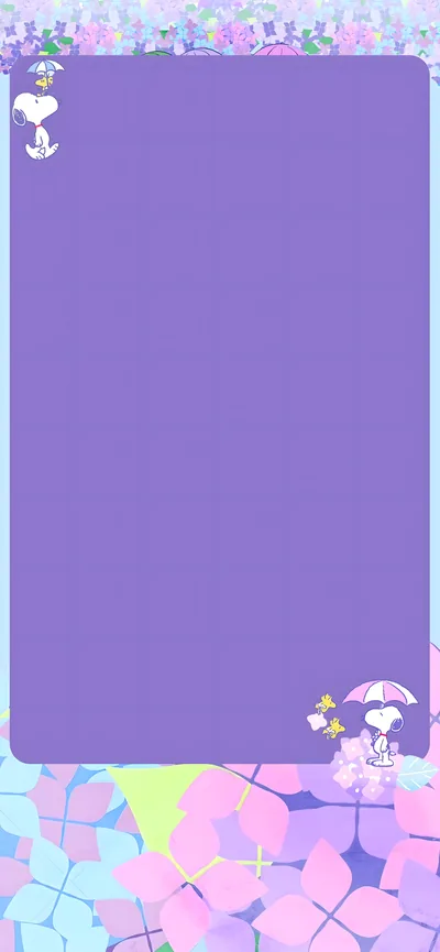 Snoopy and Woodstock with umbrellas in a purple hydrangea garden for iPhone Wallpaper