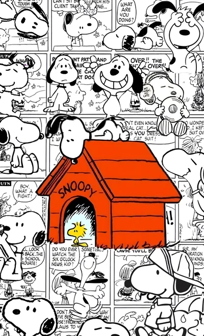 Snoopy on red doghouse with Woodstock and comic strip for iPhone Wallpaper