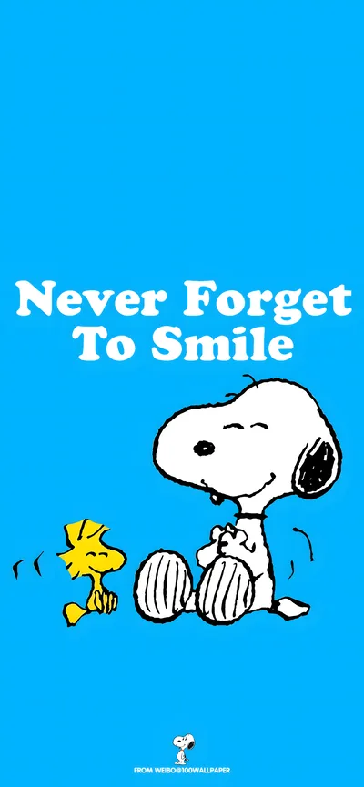 Snoopy and Woodstock smiling with Never Forget To Smile text for iPhone Background
