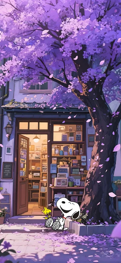 Snoopy and Woodstock relaxing under purple blossoms for iPhone 4K Image