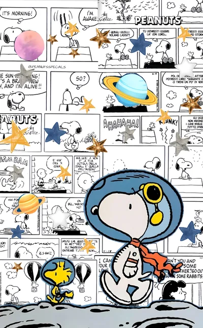 Astronaut Snoopy and Woodstock on a comic strip background for iPhone Wallpaper