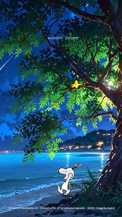 Snoopy walking on a starry night beach with Woodstock for iPhone Wallpaper