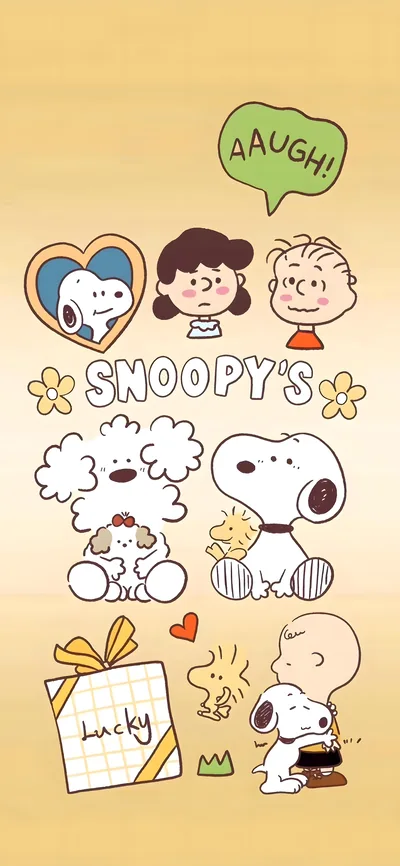 Snoopy hugging Charlie Brown with Woodstock and Lucy for iPhone Wallpaper