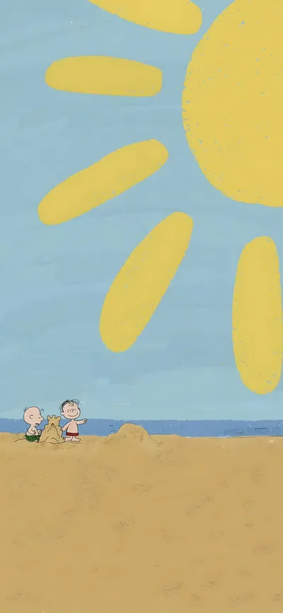 Charlie Brown building a sandcastle under a giant sun for iPhone Wallpaper