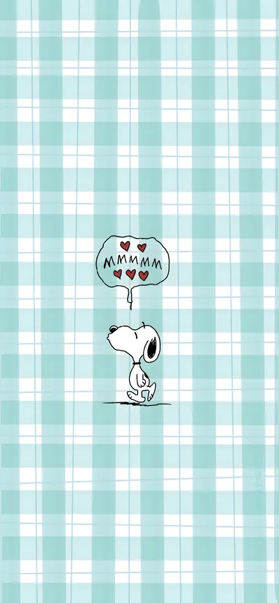 Snoopy thinking of hearts on a blue plaid background for iPhone Wallpaper