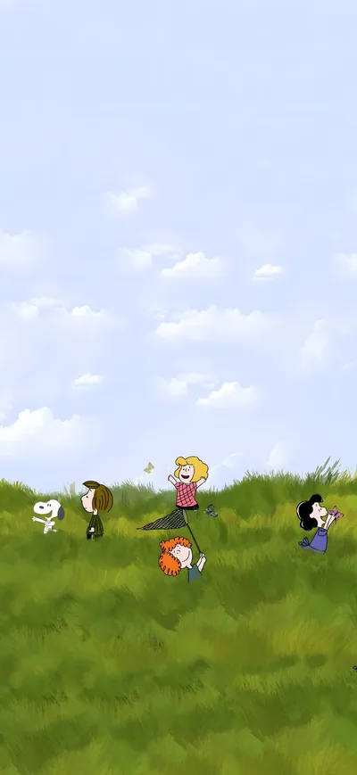 Snoopy and Lucy catching butterflies in a grassy field for iPhone 4K Image