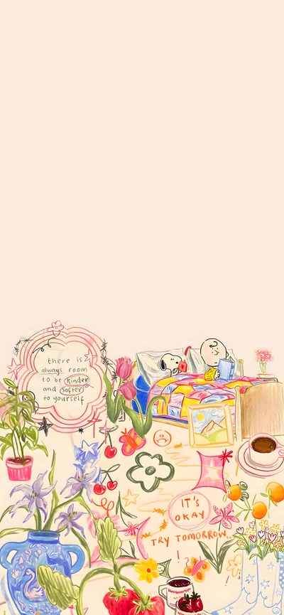 Snoopy and Charlie Brown reading in a cozy bed with flowers for iPhone Wallpaper
