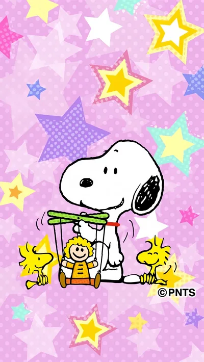 Snoopy playing with a Charlie Brown puppet and Woodstock for iPhone Wallpaper