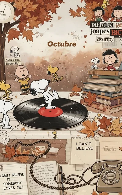 Snoopy dancing on a vinyl record with Charlie Brown and Woodstock for iPhone Wallpaper