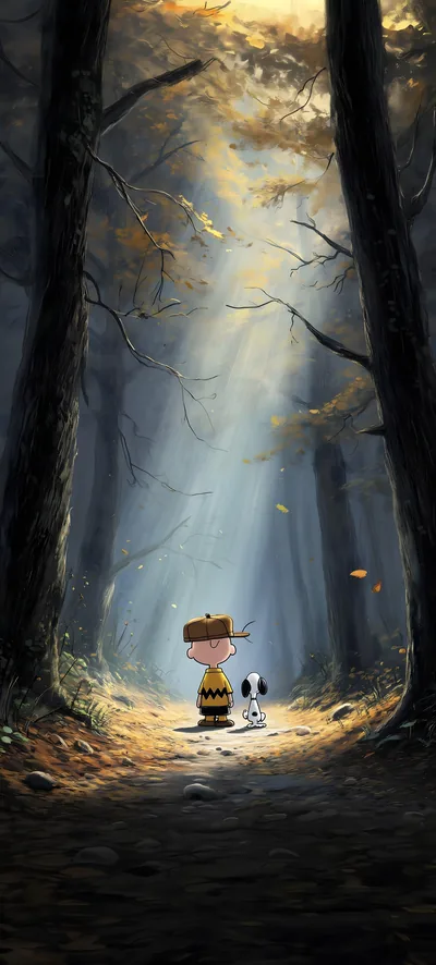 Snoopy and Charlie Brown standing in a sunlit forest for iPhone Wallpaper