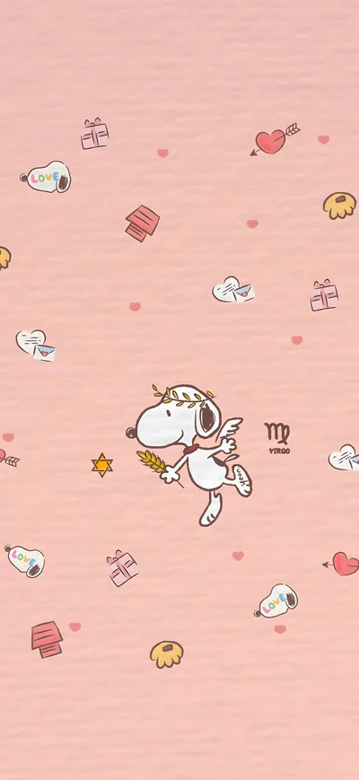Snoopy as a Virgo angel on a cute pink heart pattern for iPhone Background