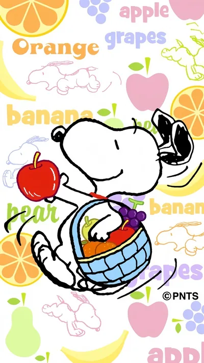 Snoopy carrying a colorful fruit basket with fruits for iPhone Wallpaper