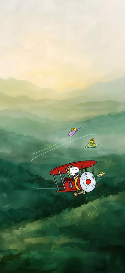 Snoopy and Woodstock flying a red plane over misty mountains for iPhone Background