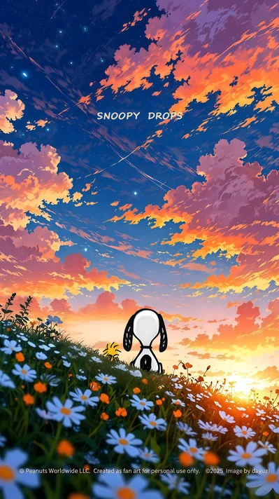 Snoopy and Woodstock watching a sunset in a daisy field for iPhone Wallpaper
