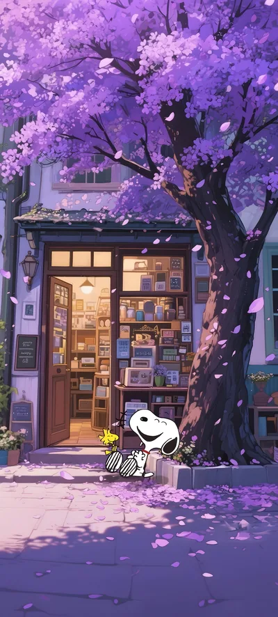 Snoopy and Woodstock under purple cherry blossoms for iPhone Wallpaper
