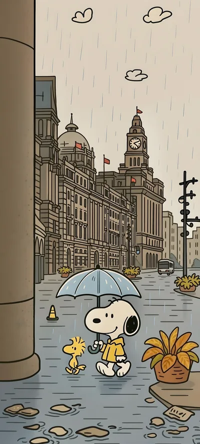 Snoopy and Woodstock walking in the rainy city with an umbrella for iPhone Background