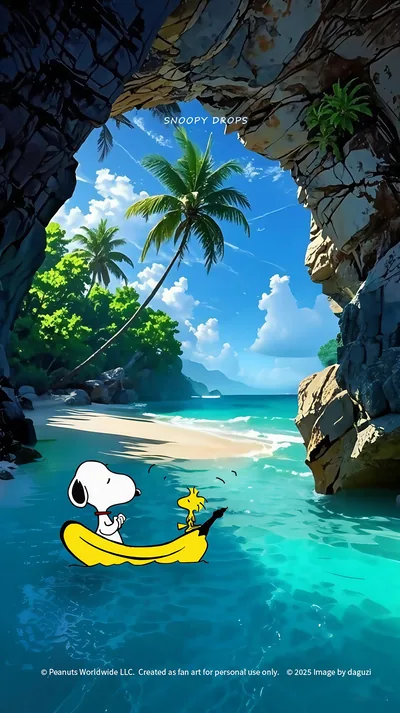 Snoopy and Woodstock riding a banana boat on a tropical beach for iPhone Wallpaper