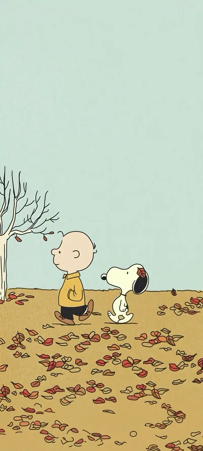 Charlie Brown and Snoopy walking through autumn leaves for iPhone 4K Image
