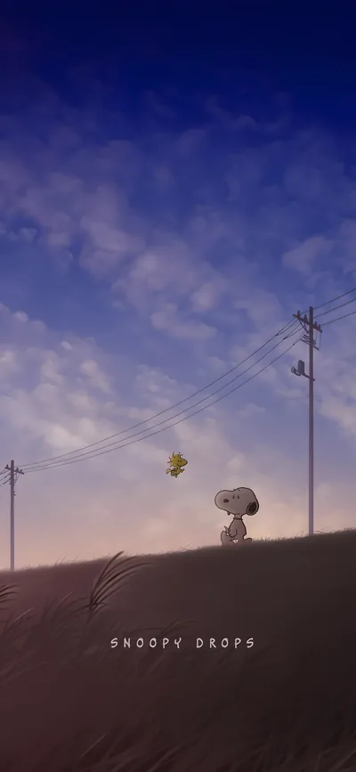 Snoopy and Woodstock under a twilight sky with utility poles for iPhone Wallpaper