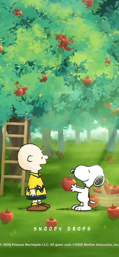Snoopy giving a red apple to Charlie Brown in an orchard for iPhone Wallpaper