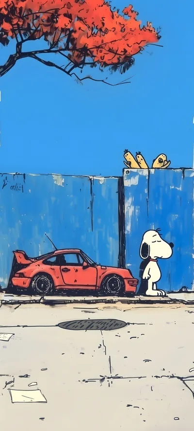 Snoopy standing by a red sports car with Woodstock for iPhone Wallpaper
