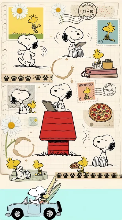 Cute Snoopy and Woodstock scrapbook collage on doghouse for iPhone Wallpaper