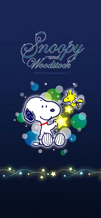 Snoopy and Woodstock playing with glowing stars for iPhone Wallpaper