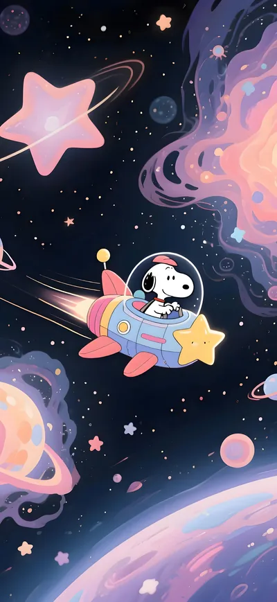 Snoopy flying a colorful rocket through a dreamy galaxy for iPhone Wallpaper