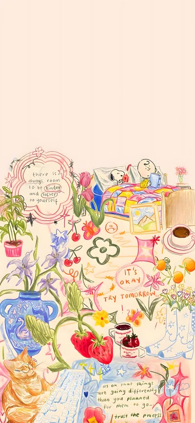Snoopy and Charlie Brown reading in bed with artistic doodles for iPhone Wallpaper