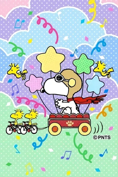 Snoopy in a festive wagon with Woodstock and stars for iPhone Wallpaper
