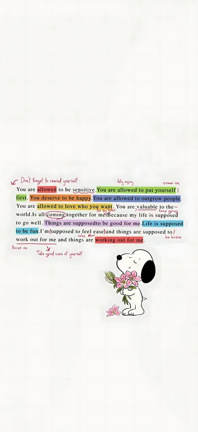 Snoopy holding pink flowers with inspirational quotes for iPhone Background