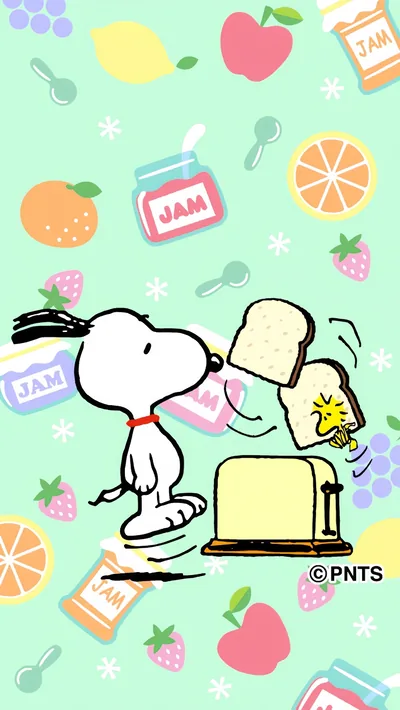 Snoopy and Woodstock with breakfast toast and fruit jam for iPhone Wallpaper