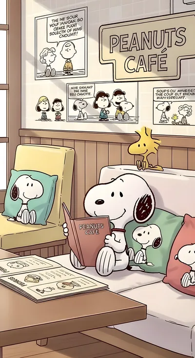 Snoopy and Woodstock reading a menu at Peanuts Cafe for iPhone 4K Image