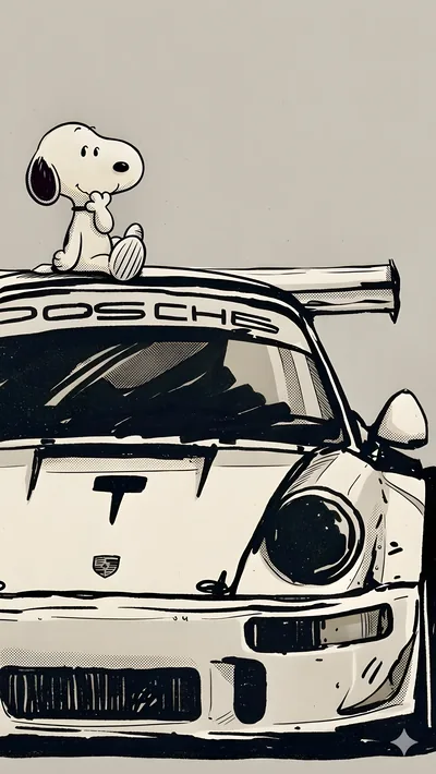 Snoopy sitting on a white sports car for iPhone Wallpaper