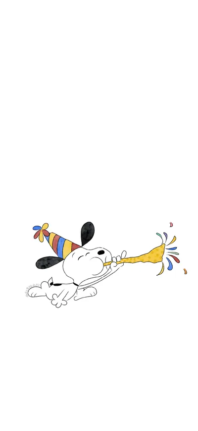 Snoopy wearing a festive party hat and blowing a horn for iPhone Wallpaper