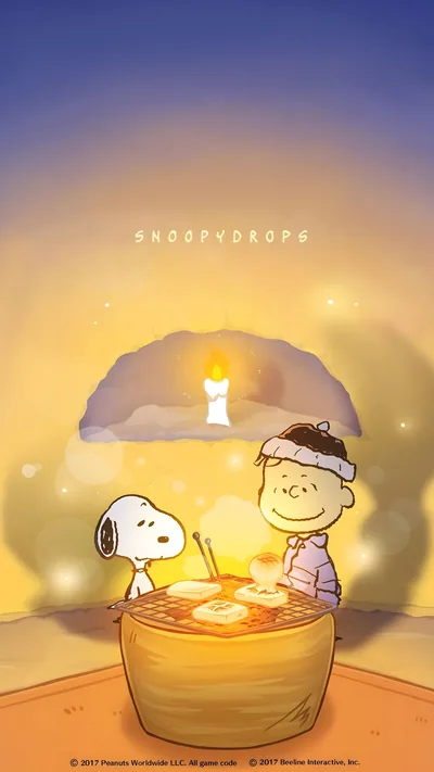 Snoopy and Charlie Brown grilling mochi in a warm sunset for iPhone Wallpaper