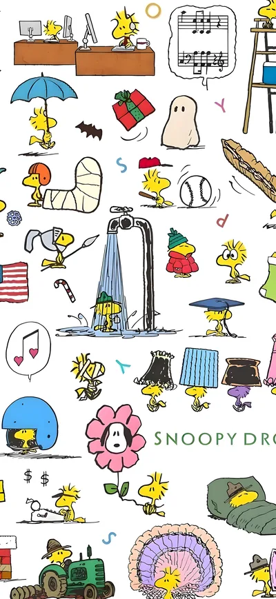 Cute Woodstock in various funny costumes and Snoopy flower for iPhone 4K Image