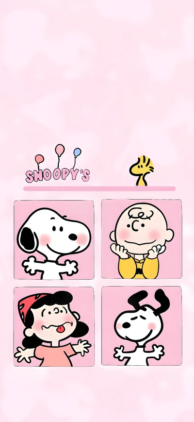 Snoopy, Charlie Brown, Lucy, and Woodstock pink grid for iPhone Wallpaper