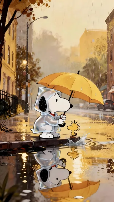 Snoopy and Woodstock wearing raincoats under a yellow umbrella for iPhone Background