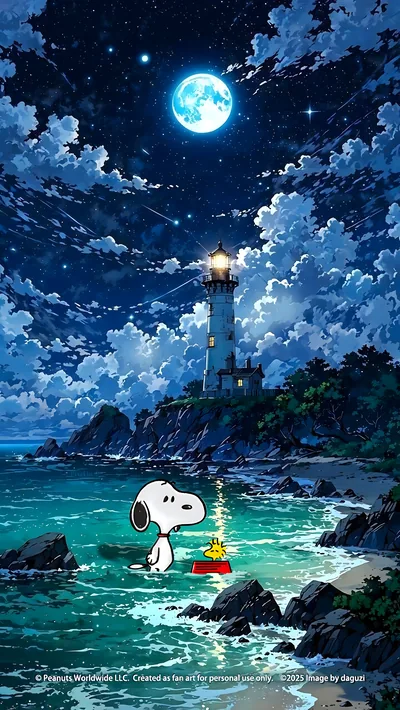 Snoopy and Woodstock by a dreamy moonlit lighthouse beach for iPhone Background
