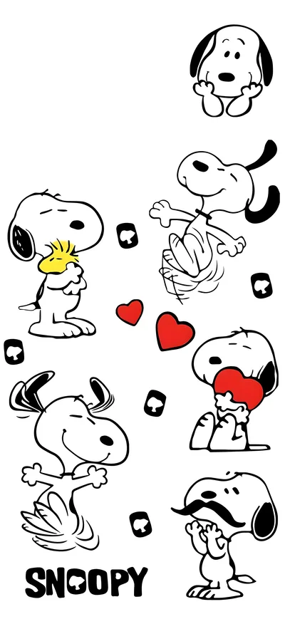 Cute Snoopy and Woodstock dancing with hearts and mustache for iPhone Wallpaper