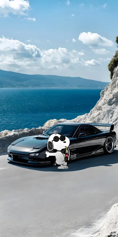 Cool Snoopy wearing sunglasses by a black sports car for iPhone Background