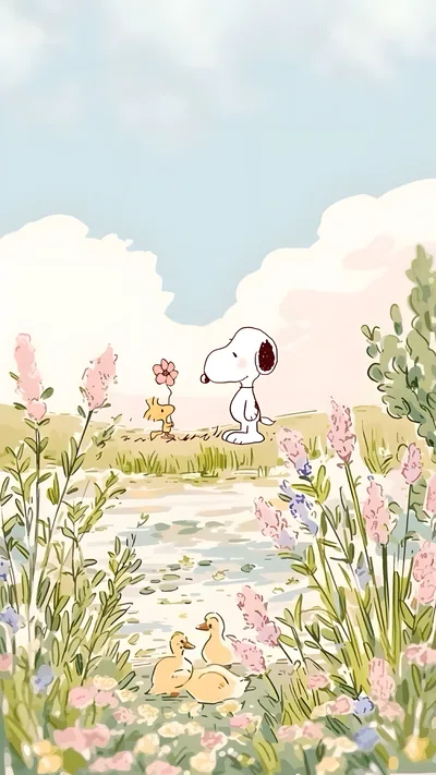 Snoopy and Woodstock with a flower in a scenic meadow for iPhone Wallpaper