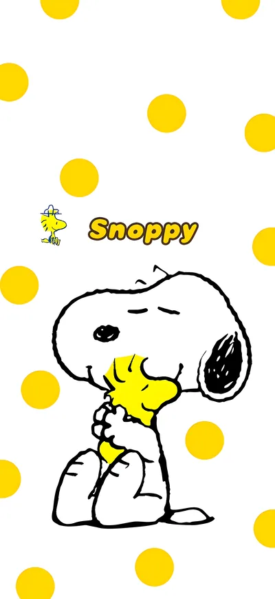 Cute Snoopy hugging Woodstock on yellow polka dot background for iPhone Wallpaper
