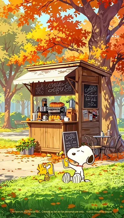 Snoopy and Woodstock enjoying drinks at an autumn cafe for iPhone Wallpaper