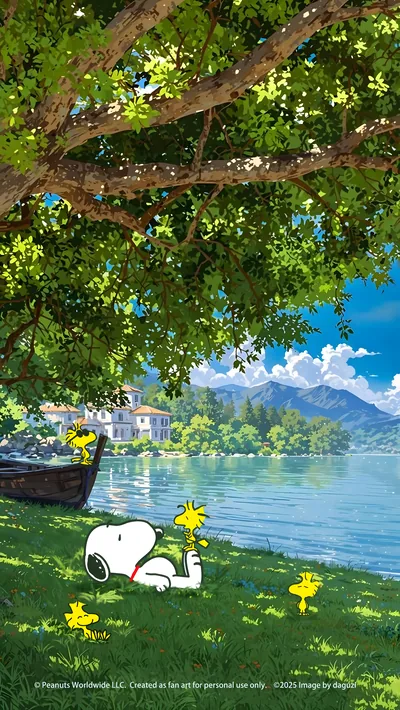 Snoopy and Woodstock relaxing by a sunny lake under a tree for iPhone Wallpaper