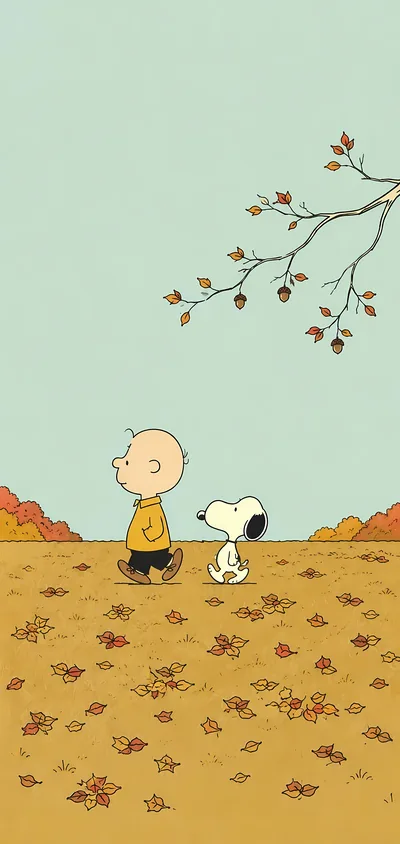 Charlie Brown and Snoopy walking through autumn leaves for iPhone Wallpaper