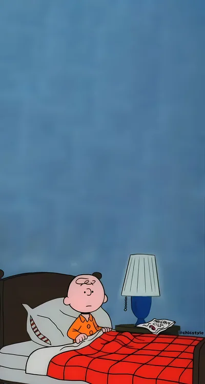 Charlie Brown awake in bed cozy bedtime illustration for iPhone Background