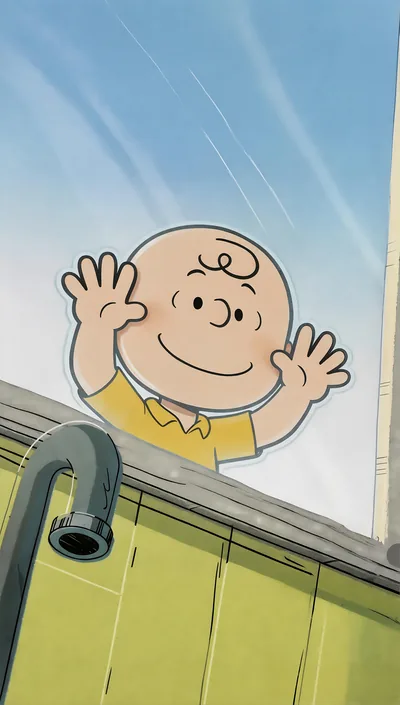 Happy Charlie Brown pressing hands against window for iPhone Wallpaper