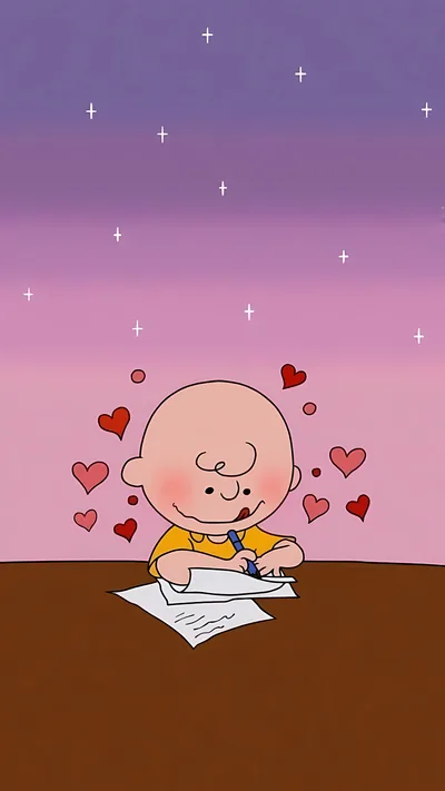 Cute Charlie Brown writing a love letter with hearts for iPhone Wallpaper